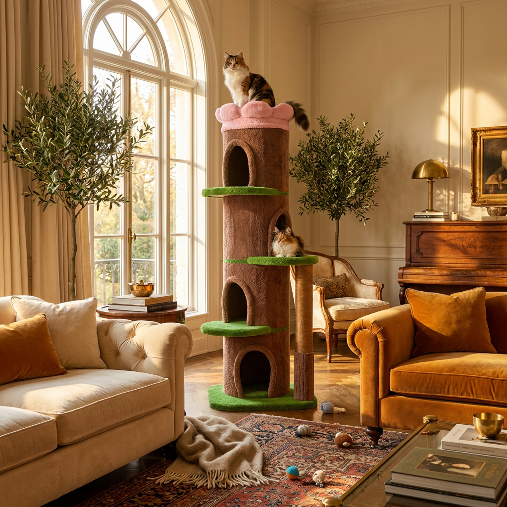 Cat tree tower by a window in a luxury living room with cat at top