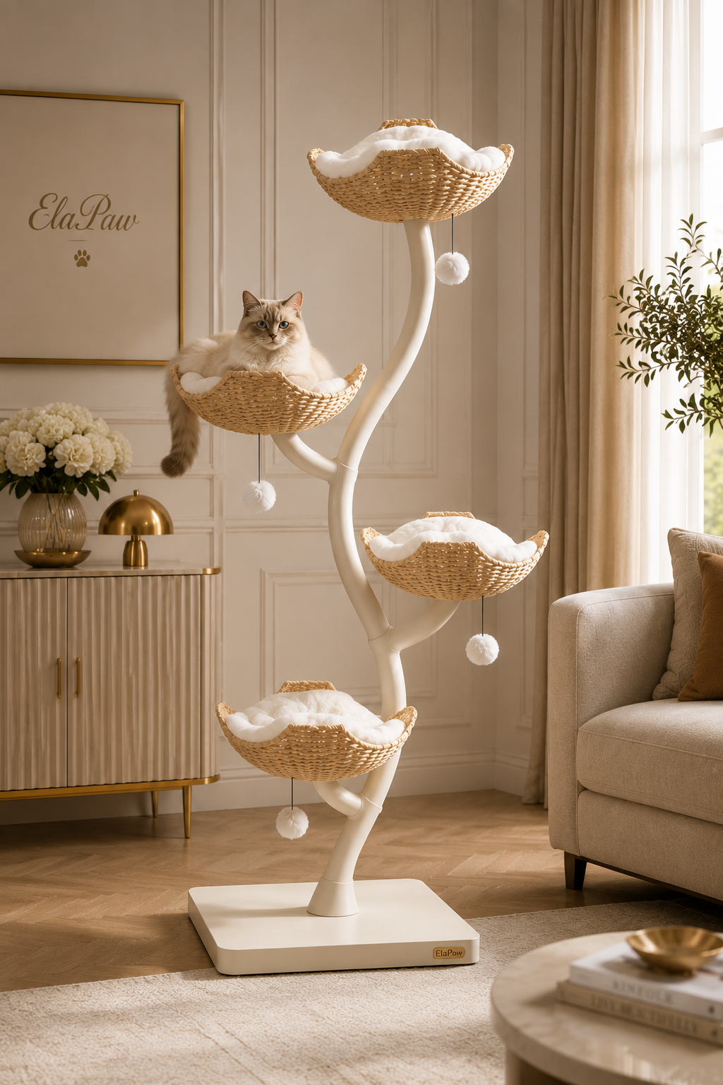 Luxury 73" Large Cat Tree Tower | Wicker Scratching Post for Big & Multiple Cats | ElaPaw
