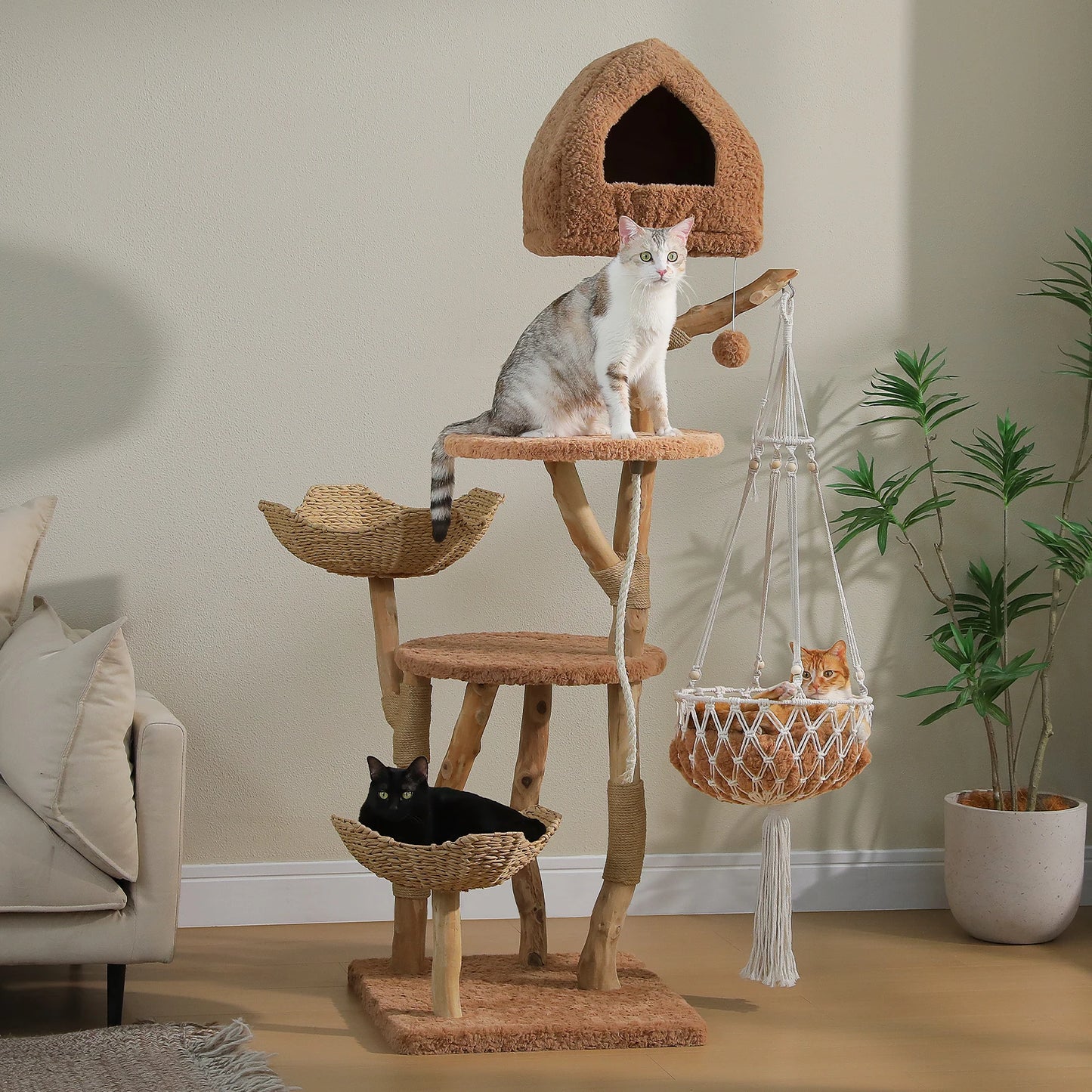 ElaPaw Modern Boho Cat Tree - 71" Tall Wood Cat Tower with Swing Hammock, 2 Woven Baskets & Scratching Posts