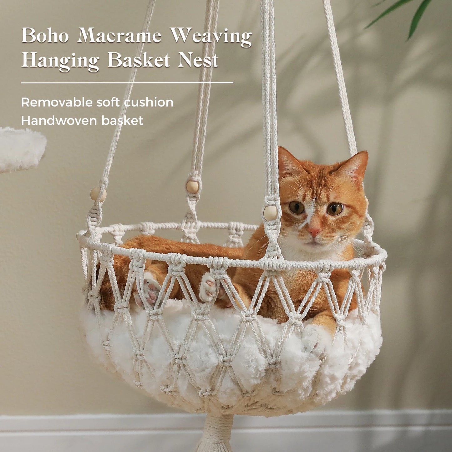 ElaPaw Modern Boho Cat Tree - 71" Tall Wood Cat Tower with Swing Hammock, 2 Woven Baskets & Scratching Posts