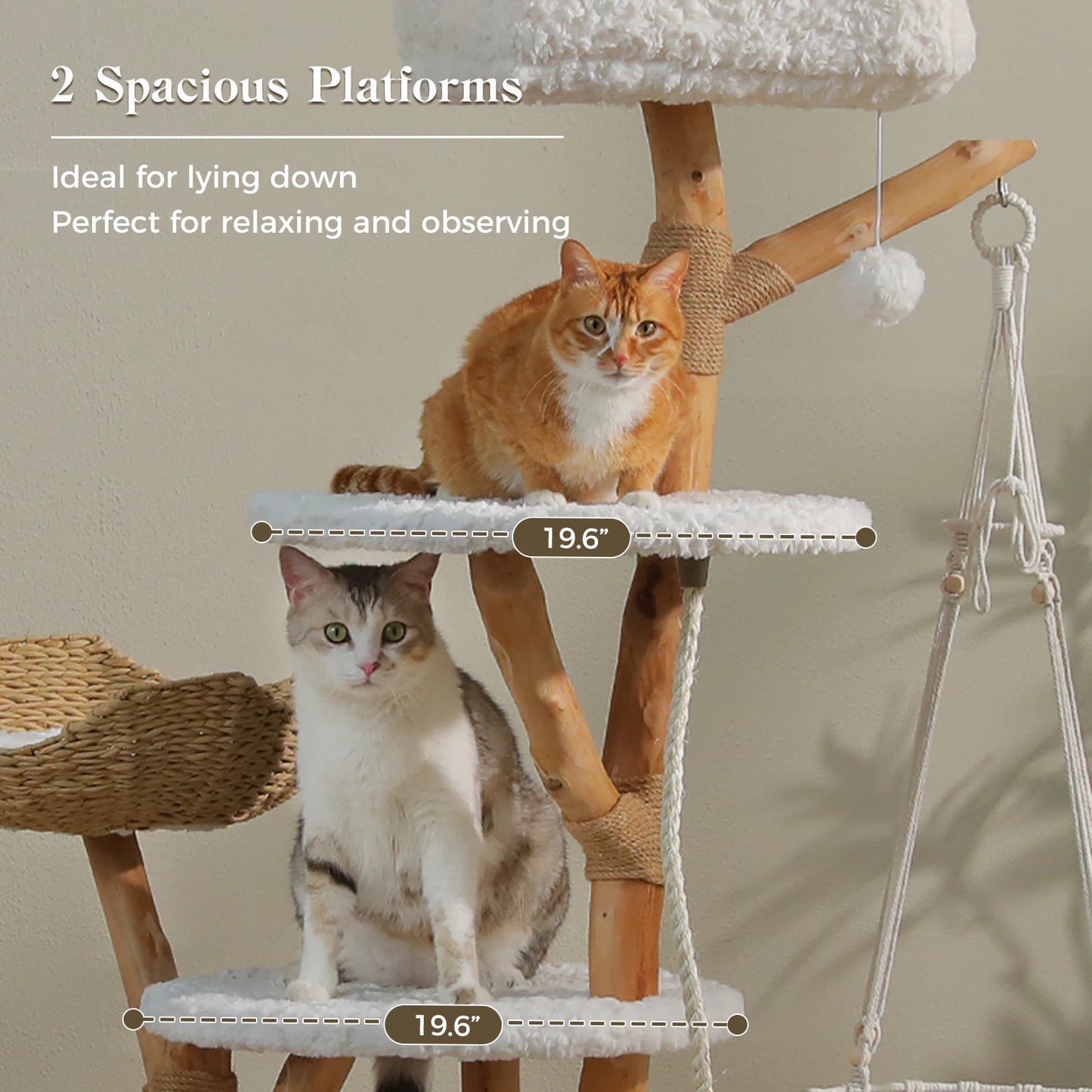ElaPaw Modern Boho Cat Tree - 71" Tall Wood Cat Tower with Swing Hammock, 2 Woven Baskets & Scratching Posts