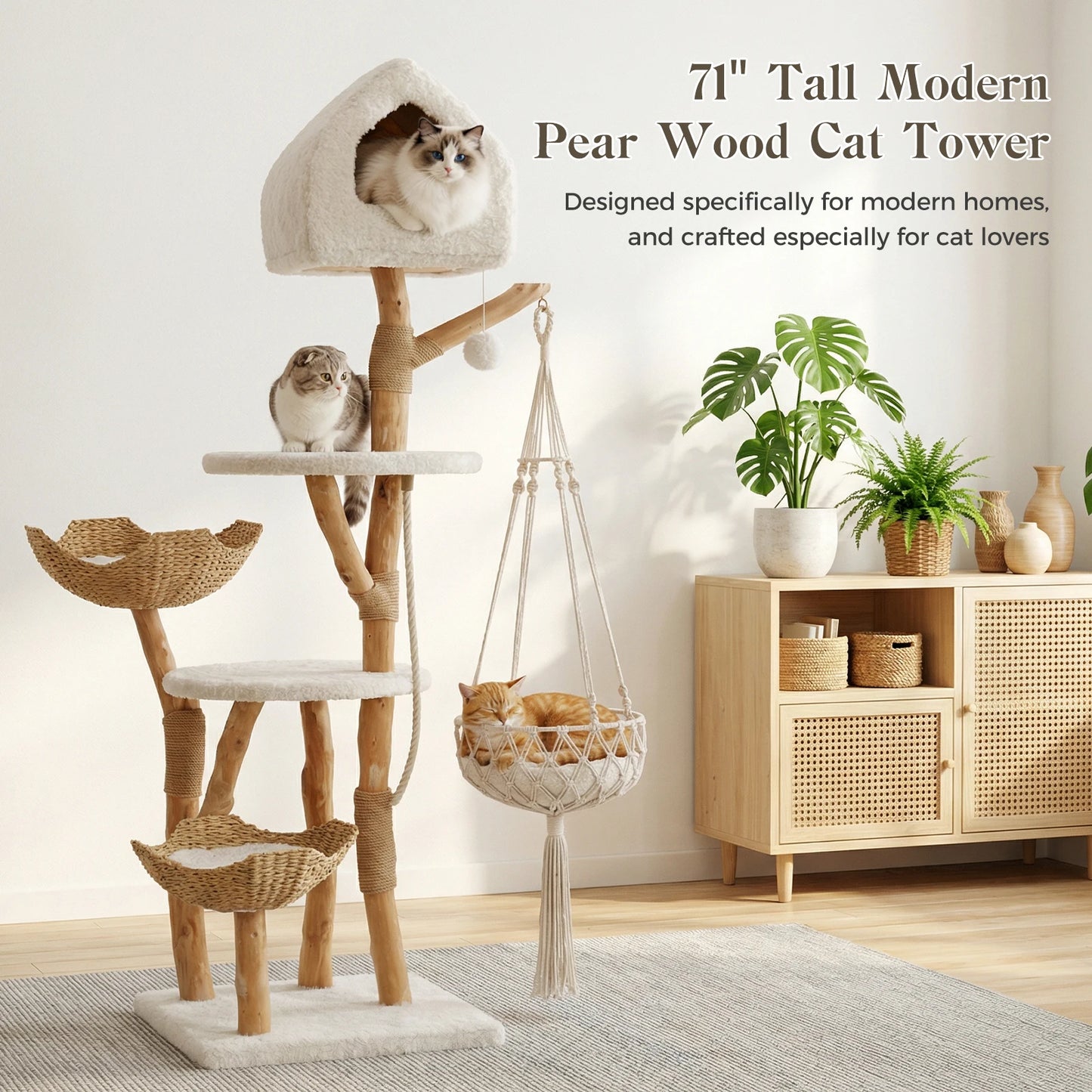 ElaPaw Modern Boho Cat Tree - 71" Tall Wood Cat Tower with Swing Hammock, 2 Woven Baskets & Scratching Posts