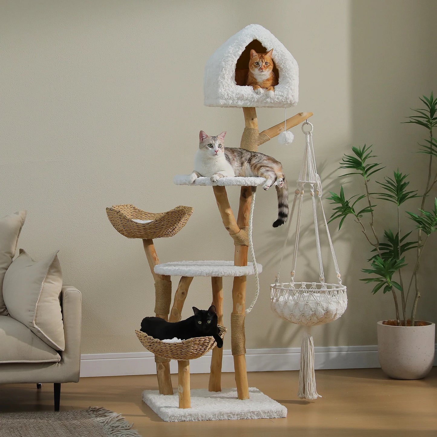 ElaPaw Modern Boho Cat Tree - 71" Tall Wood Cat Tower with Swing Hammock, 2 Woven Baskets & Scratching Posts