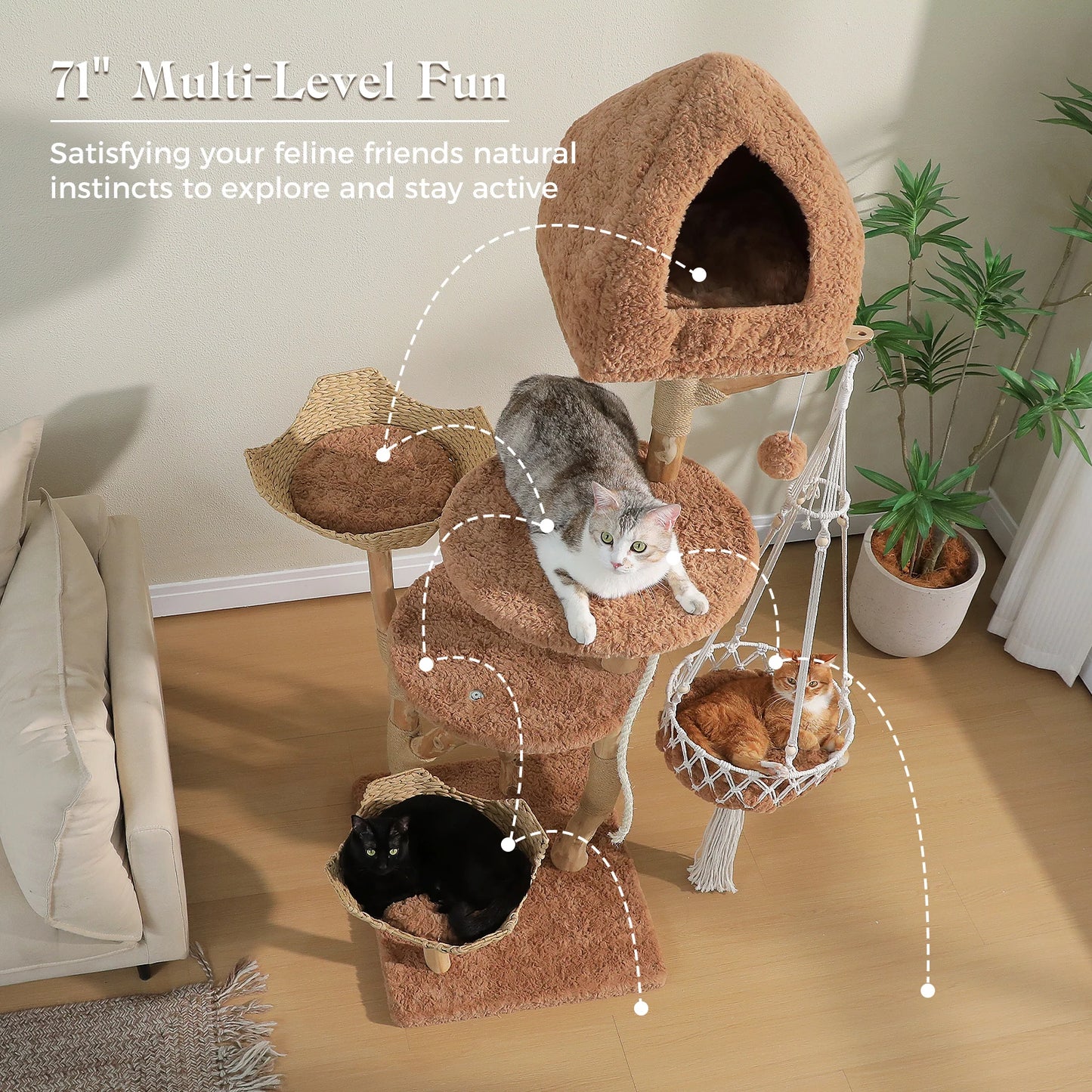 ElaPaw Modern Boho Cat Tree - 71" Tall Wood Cat Tower with Swing Hammock, 2 Woven Baskets & Scratching Posts