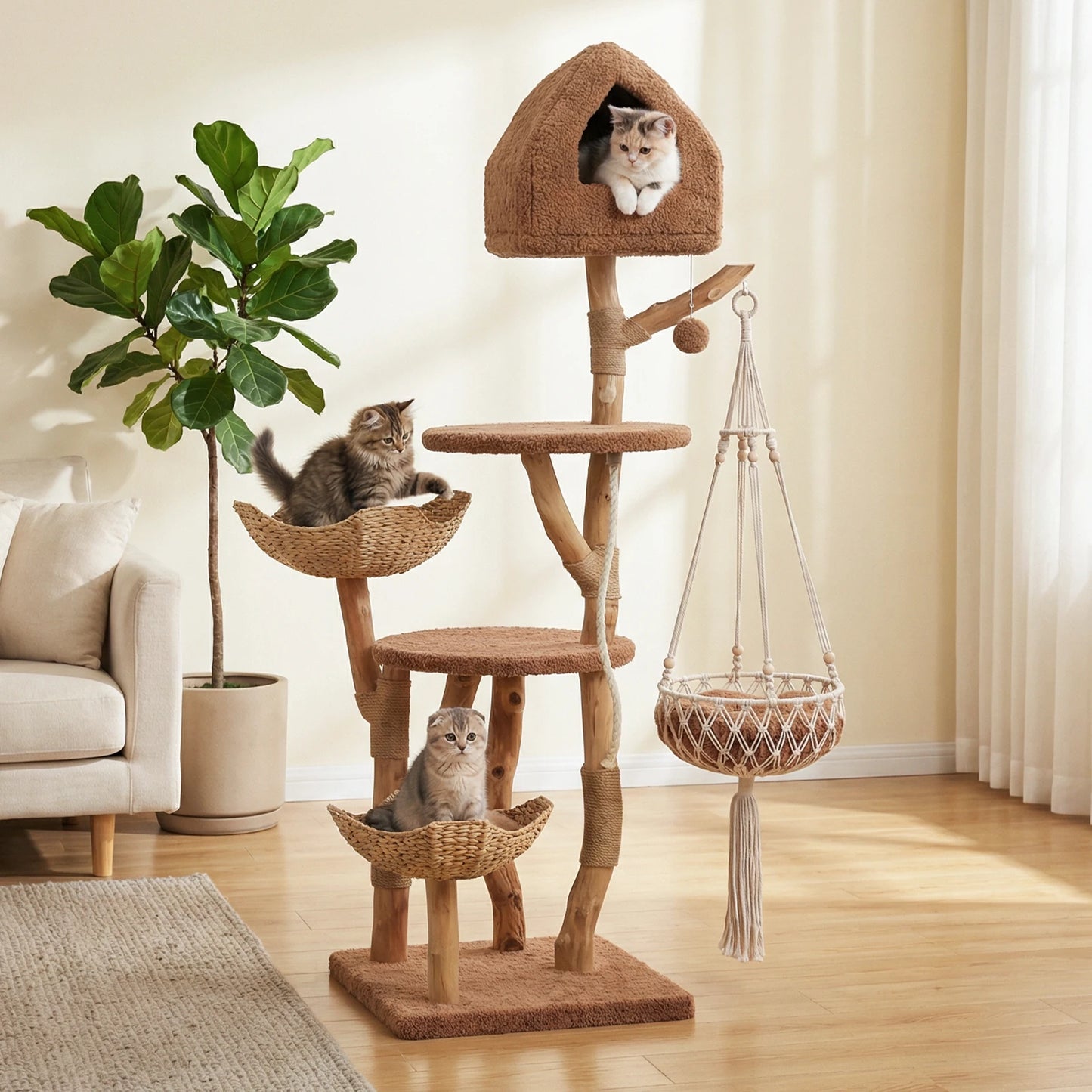 ElaPaw Modern Boho Cat Tree - 71" Tall Wood Cat Tower with Swing Hammock, 2 Woven Baskets & Scratching Posts