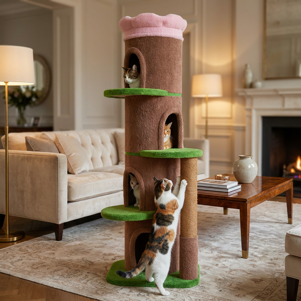 Cat scratching post on the cat tree in a luxury living room