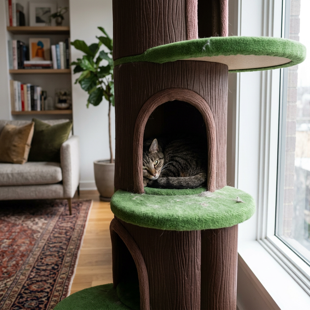 Cat resting in a condo of the cat tree in a luxury living room