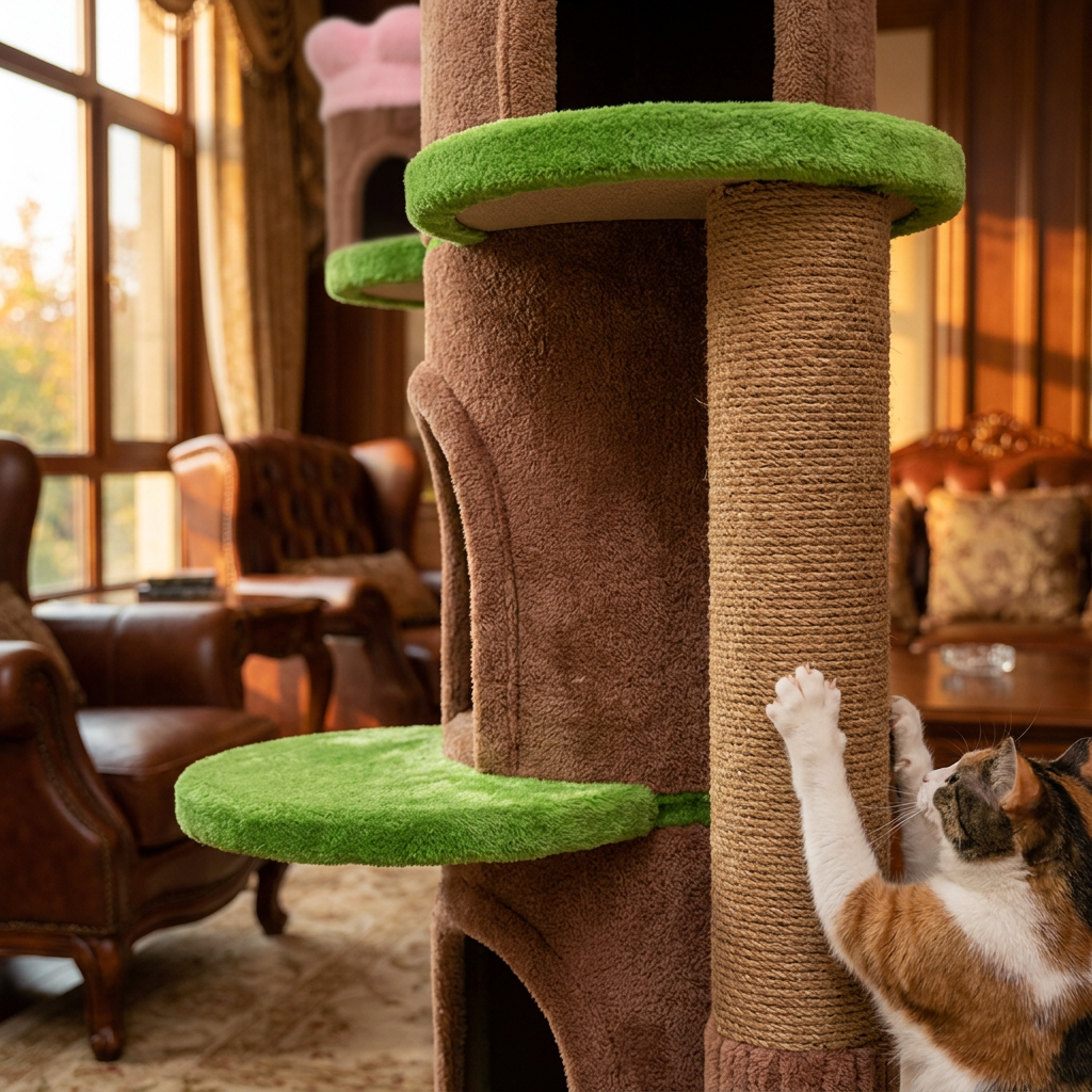 Close up of cat tree plush texture and scratching post