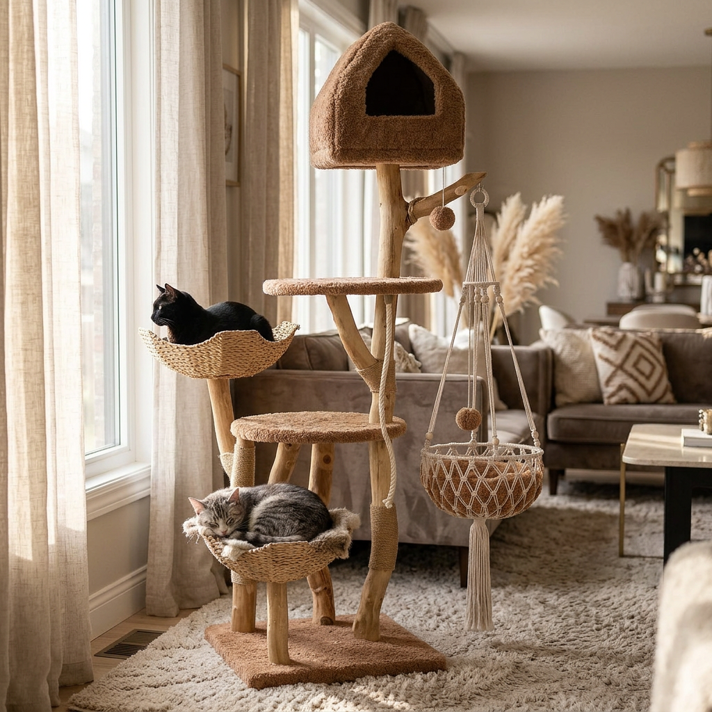 Cat resting in a woven basket of the boho cat tree in a luxury living room