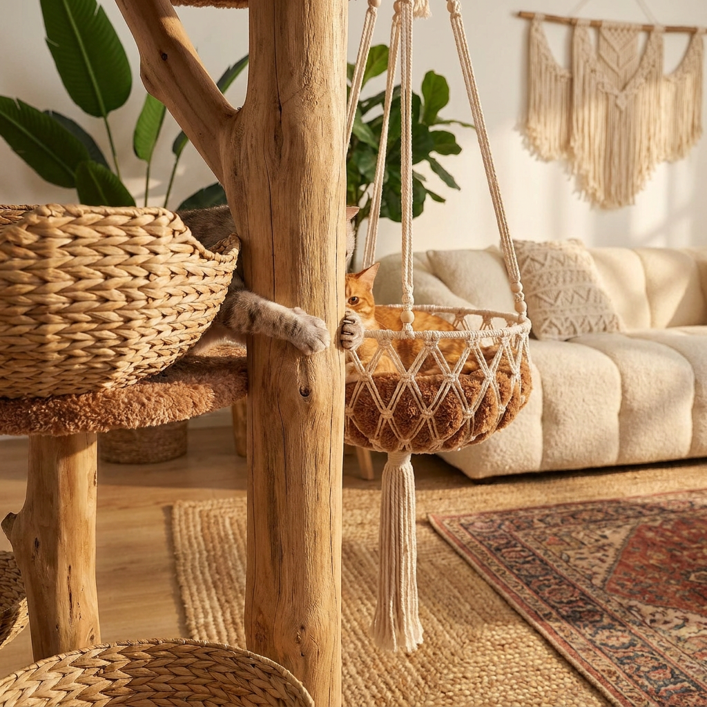 Close up of solid wood grain and woven basket texture on cat tree