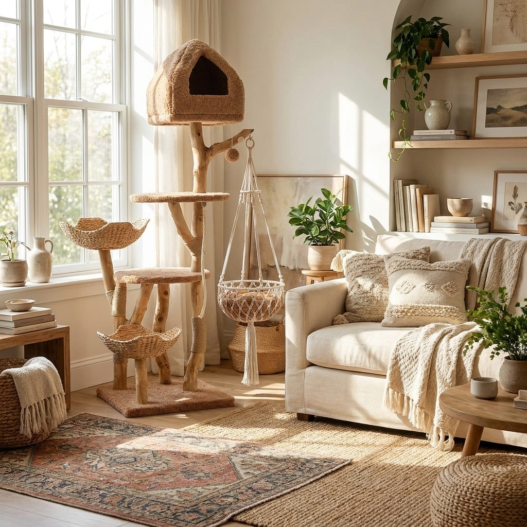 Boho cat tree tower as decor in a luxury living room