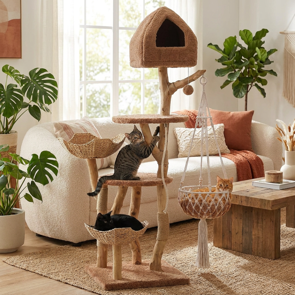 Cat scratching the solid wood post of the boho cat tree in a luxury living room