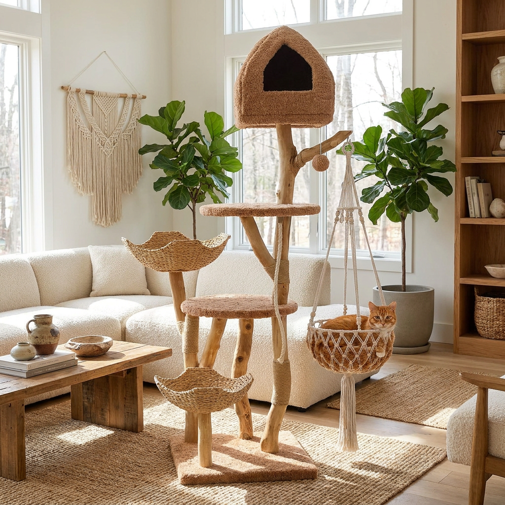 Modern boho cat tree tower in a luxury living room with cat in hammock