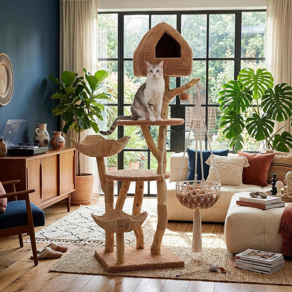 Boho cat tree tower by a window in a luxury living room with cat at top