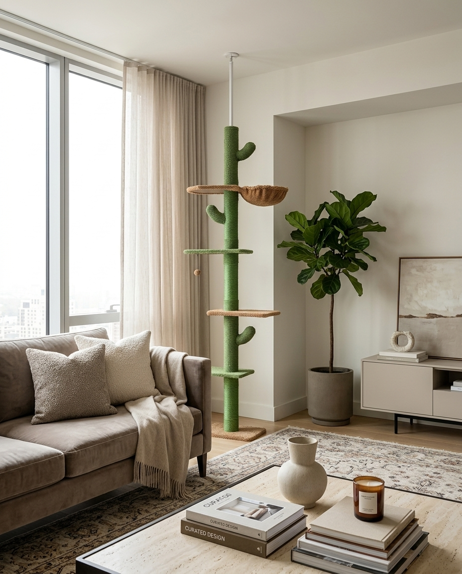 Cat tree as decor accent beside designer sofa