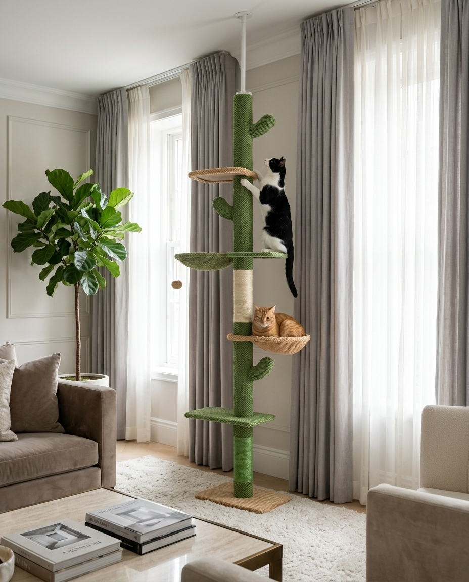 Two cats sharing the cat tree tower