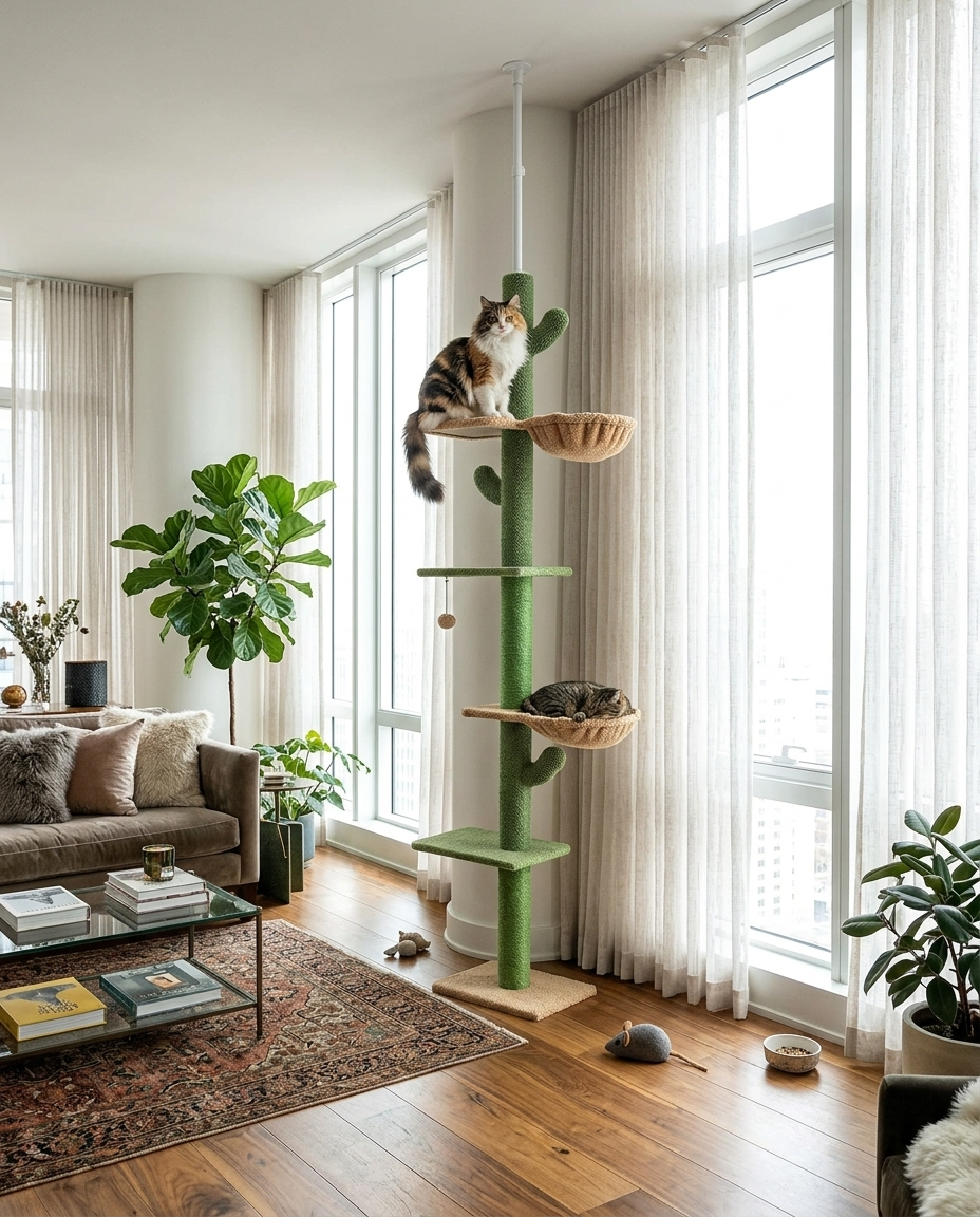 5-tier floor-to-ceiling cactus cat tree in a luxury living room