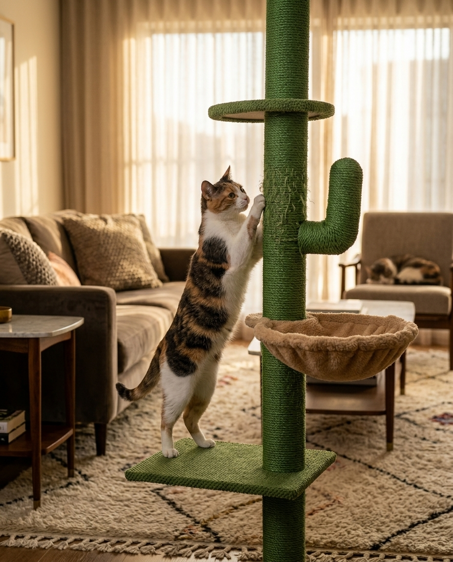 Cat climbing and scratching the sisal pole