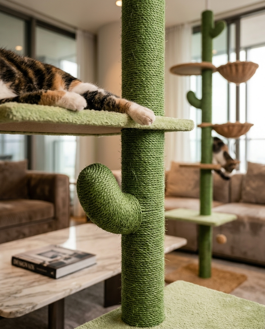Close-up of sisal wrap and cactus arm detail with cat paw