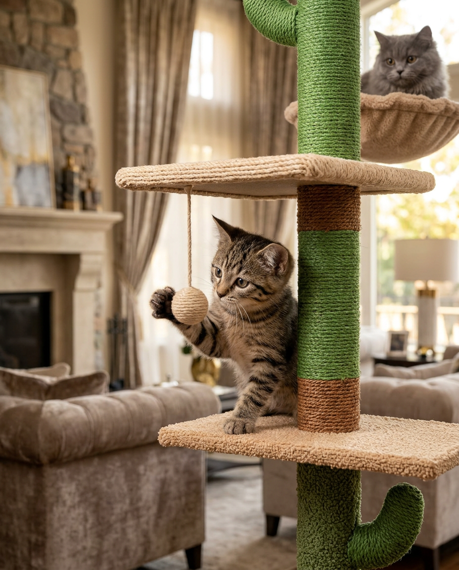 Close-up of kitten playing with dangling ball toy